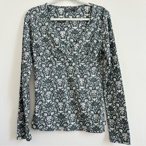 Prana Womens Long Sleeve Faux Wrap Top in Blue and White sz Large Lotus Burnout